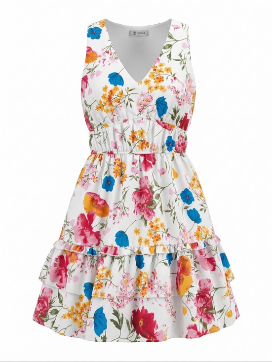 Cupshe Dresses & Skirts - Cupshe Floral Tiered Ruffle Sleevess Dress Vneck Coastal Cowgirl Festival Size L
